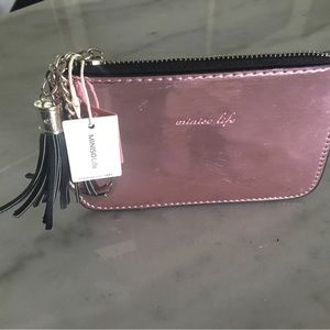 NEW w/tag: Shiny pink metallic mini-wallet w/zip, card pocket, key chain, tassel